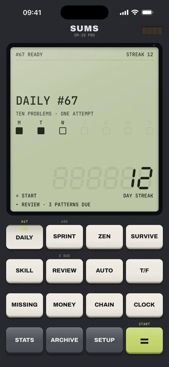 Home: today's daily ready, a 12-day streak, the program keys